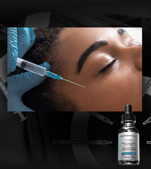 Eine Person erhalt eine Injektion in das Gesicht, wahrend ein Hautpflegemittel von SkinCeuticals im Vordergrund abgebildet ist.