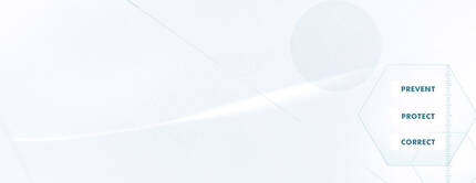 Minimalistische Diagramm-Illustration mit den Begriffen "Prevent", "Protect" und "Correct" in blauen Buchstaben auf hellem Hintergrund.