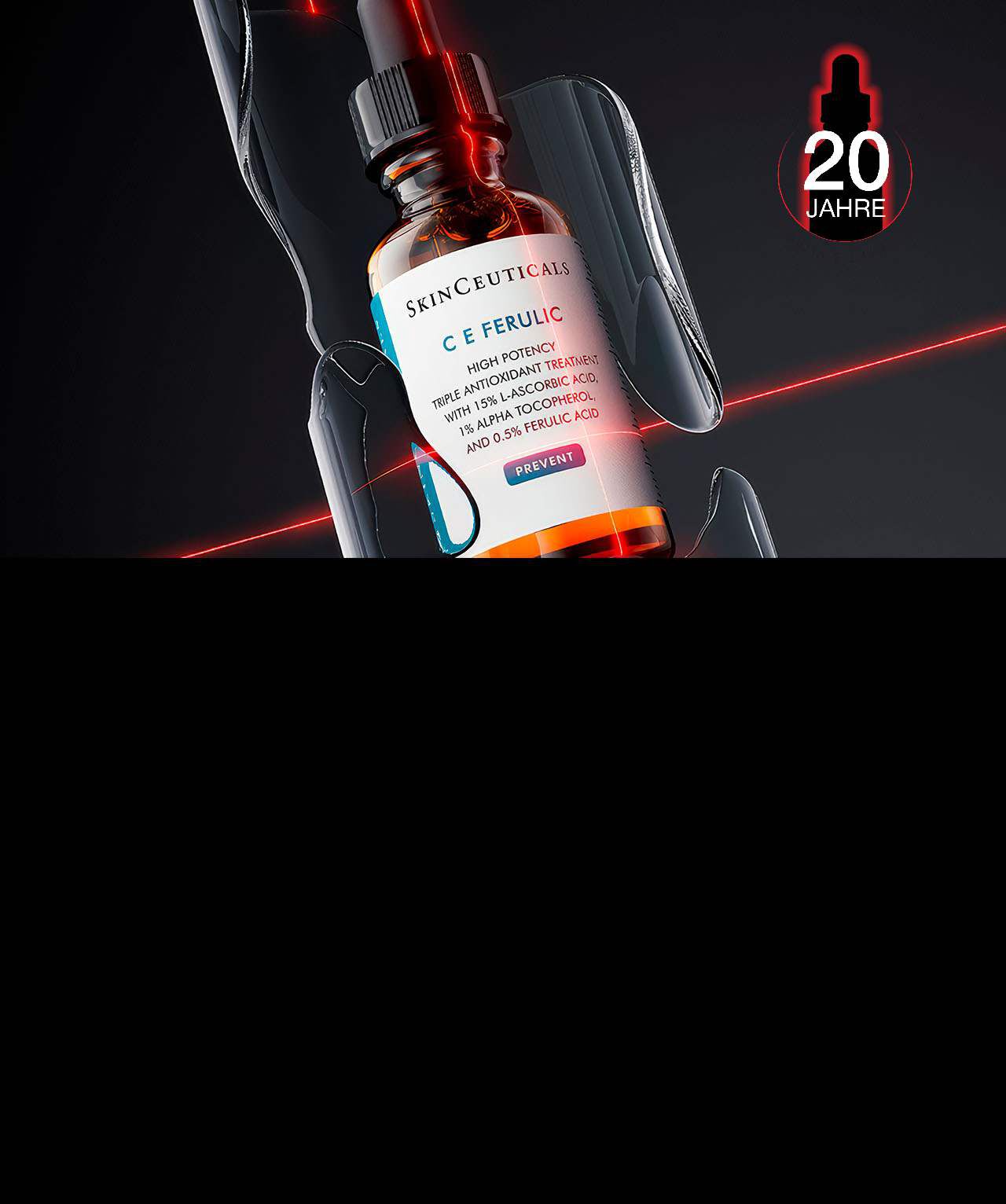 Alt-Text: Eine Flasche mit dem Hautpflegeprodukt "C E Ferulic" von SkinCeuticals, umgeben von roten Lichtern, auf schwarzem Hintergrund.