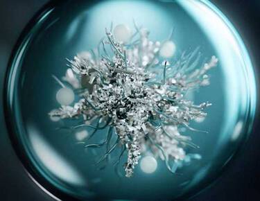 Gros plan d’un actif de soin microscopique ou abstrait en suspension dans un liquide, dans un recipient en verre.​