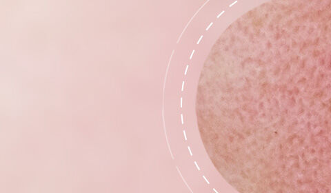 A close-up of a textured round object against a soft pink background, with subtle circular patterns around it.