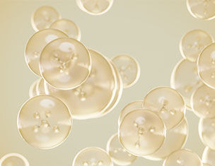 Transparente Blasen oder Zellen schweben im Raum, sanftes beige Hintergrundlicht erganzt die wissenschaftliche Atmosphare.