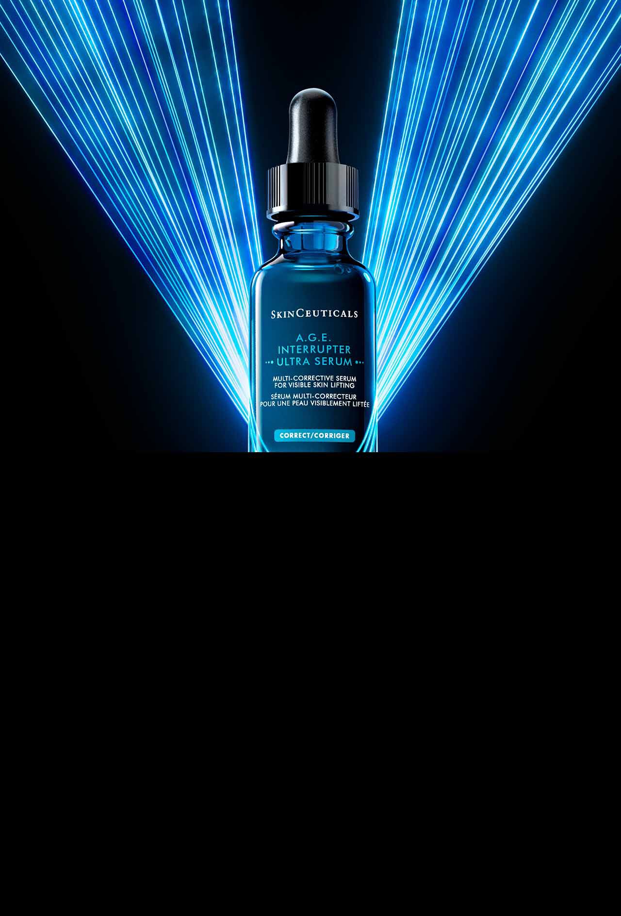 Flacon de serum C E Ferulic de SkinCeuticals sur fond noir, avec une lumiere rouge accentuant le design.