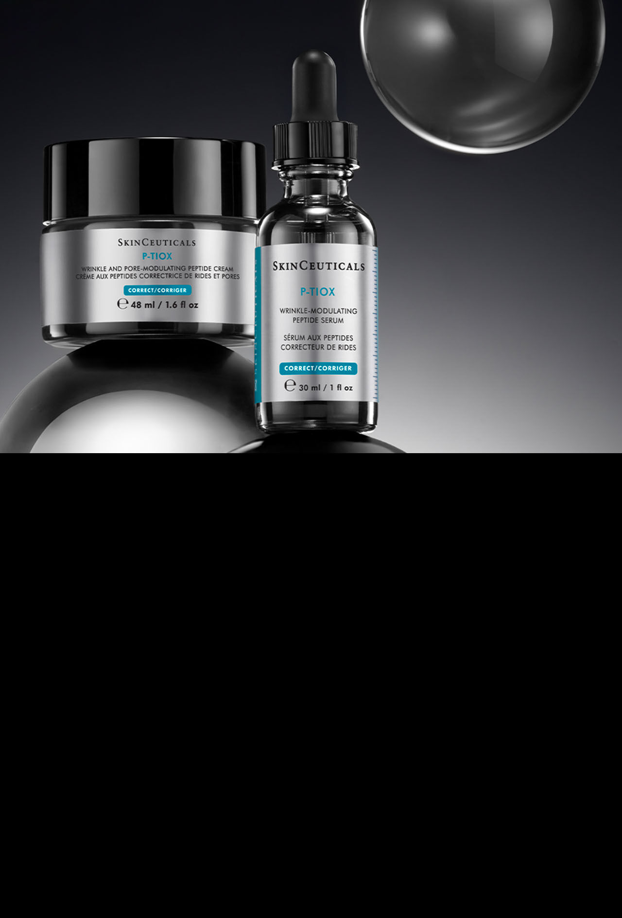 Serum SkinCeuticals CE Ferulic, creme A.G.E. Advanced Interrupter et serum HA Intensifier Multi-Glycan dans une boite avec des rubans de la marque sur fond sombre.​