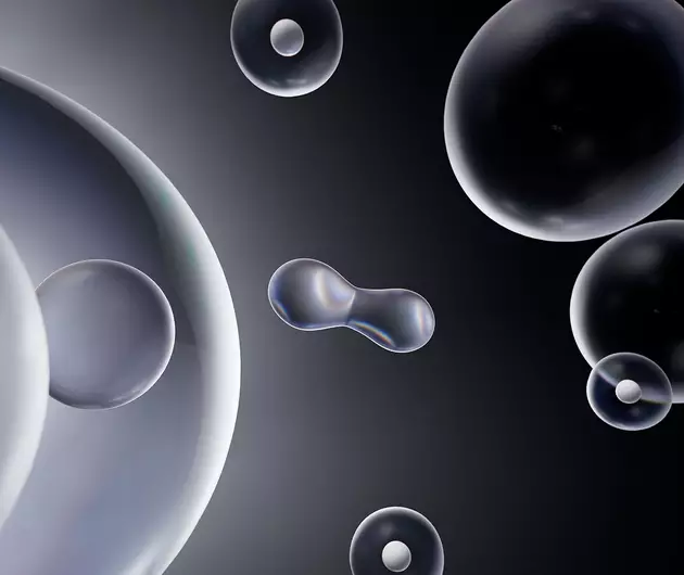 Des bulles translucides sur fond sombre, evoquant un monde microscopique et abstrait.