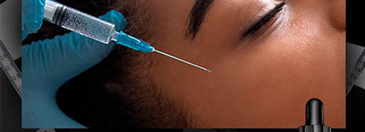 Une personne recevant un traitement esthetique, avec une seringue a proximite de son front, sur fond sombre avec un flacon de serum SkinCeuticals.