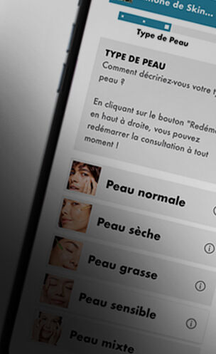 Un ecran de smartphone affichant un questionnaire sur les types de peau avec differentes options a selectionner.