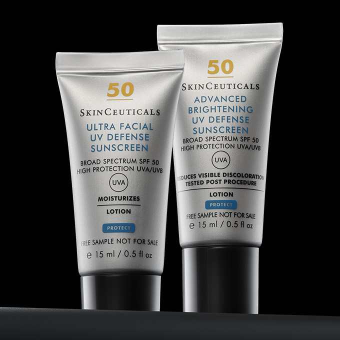 Zwei Hautpflegeprodukte von SkinCeuticals: C E Ferulic und HA Intensifier auf schwarzem Hintergrund.