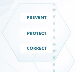 Die Worte „Prevent“, „Protect“ und „Correct“ in einem modernen, hexagonalen Design.