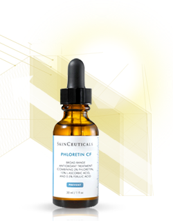 Flasche mit Hautpflegeprodukt "Phloretin CF" von SkinCeuticals, umgeben von geometrischen Formen und einem gelben Hintergrund.