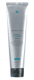 Tube mit Sonnencreme von SkinCeuticals, das den Schutzfaktor 30 anzeigt, in silberner Verpackung.