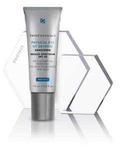 Sonnenschutzmittel für die Augen mit breitem Spektrum, 10 ml, verpackt in einer eleganten Tube mit hexagonalen Hintergründen.