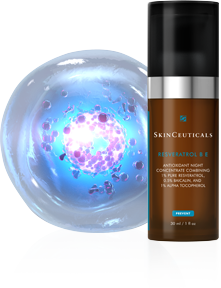 Produktabbildung von SkinCeuticals Resveratrol B E, einer antioxidativen Nachtkonzentrat-Formulierung, präsentiert neben einer blauen, leuchtenden Zelle.